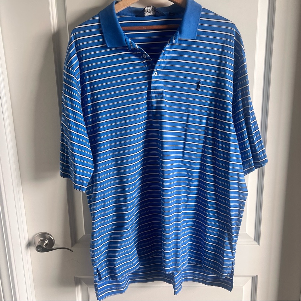 Ralph Lauren Golf Blue and White Striped Polo Shirt XL Pima Cotton